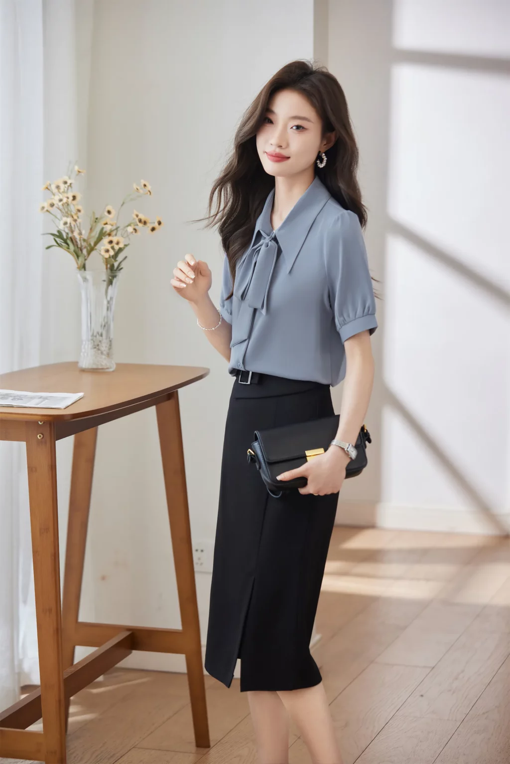 PN4017-1 เสื้อเชิ้ตทำงานผู้หญิงสีเทาอมฟ้าคอปกแต่งโบว์แขนสั้น