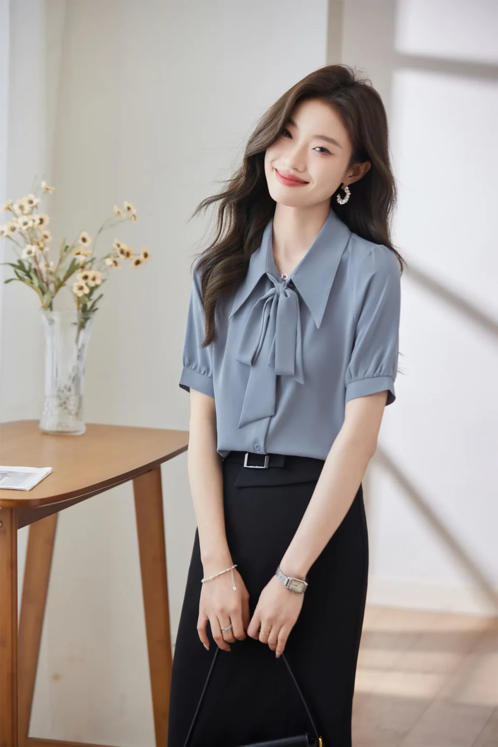 PN4017-3 เสื้อเชิ้ตทำงานผู้หญิงสีเทาอมฟ้าคอปกแต่งโบว์แขนสั้น