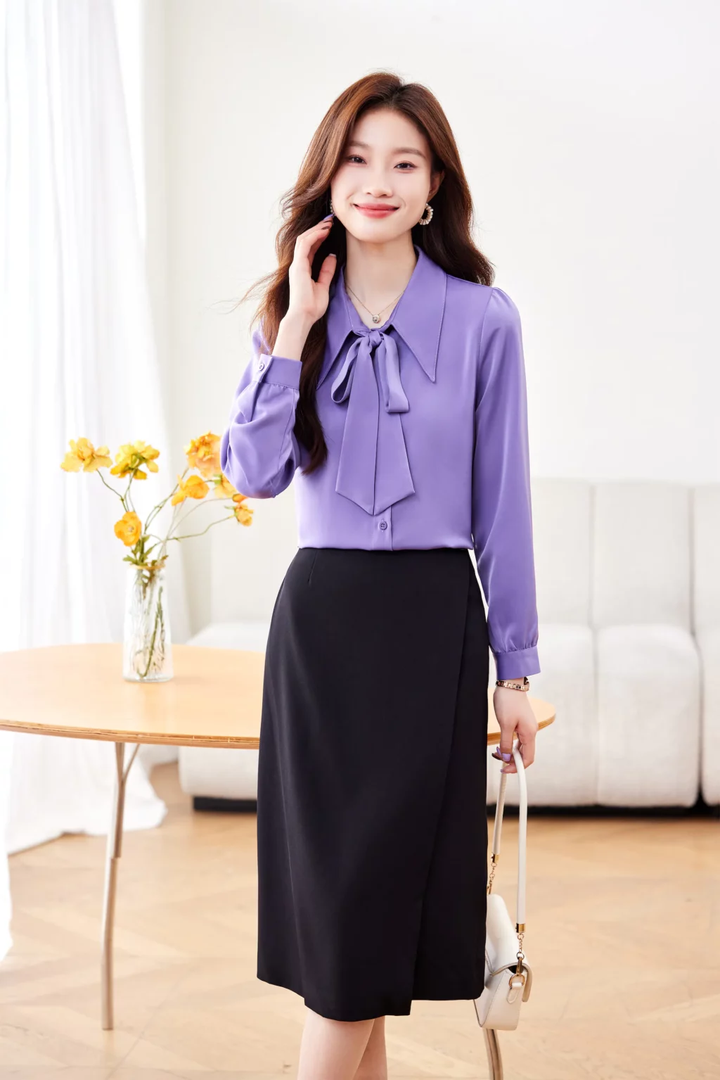 PN4019-1 เสื้อเชิ้ตทำงานผู้หญิงสีม่วงคอปกแต่งโบว์แขนยาว