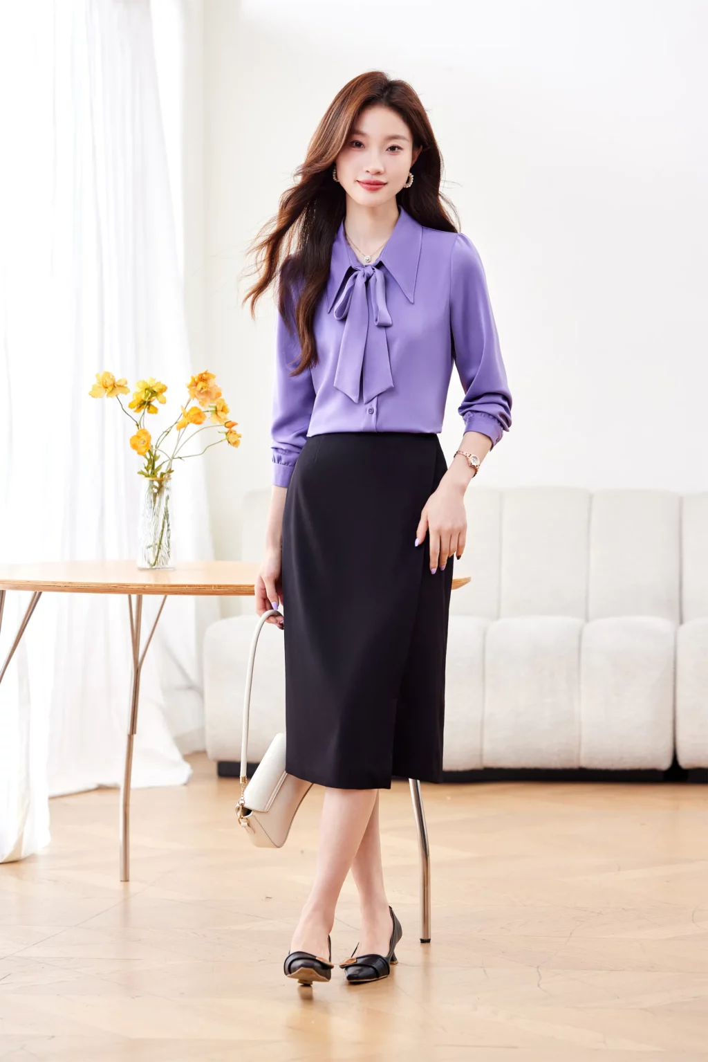 PN4019-2 เสื้อเชิ้ตทำงานผู้หญิงสีม่วงคอปกแต่งโบว์แขนยาว