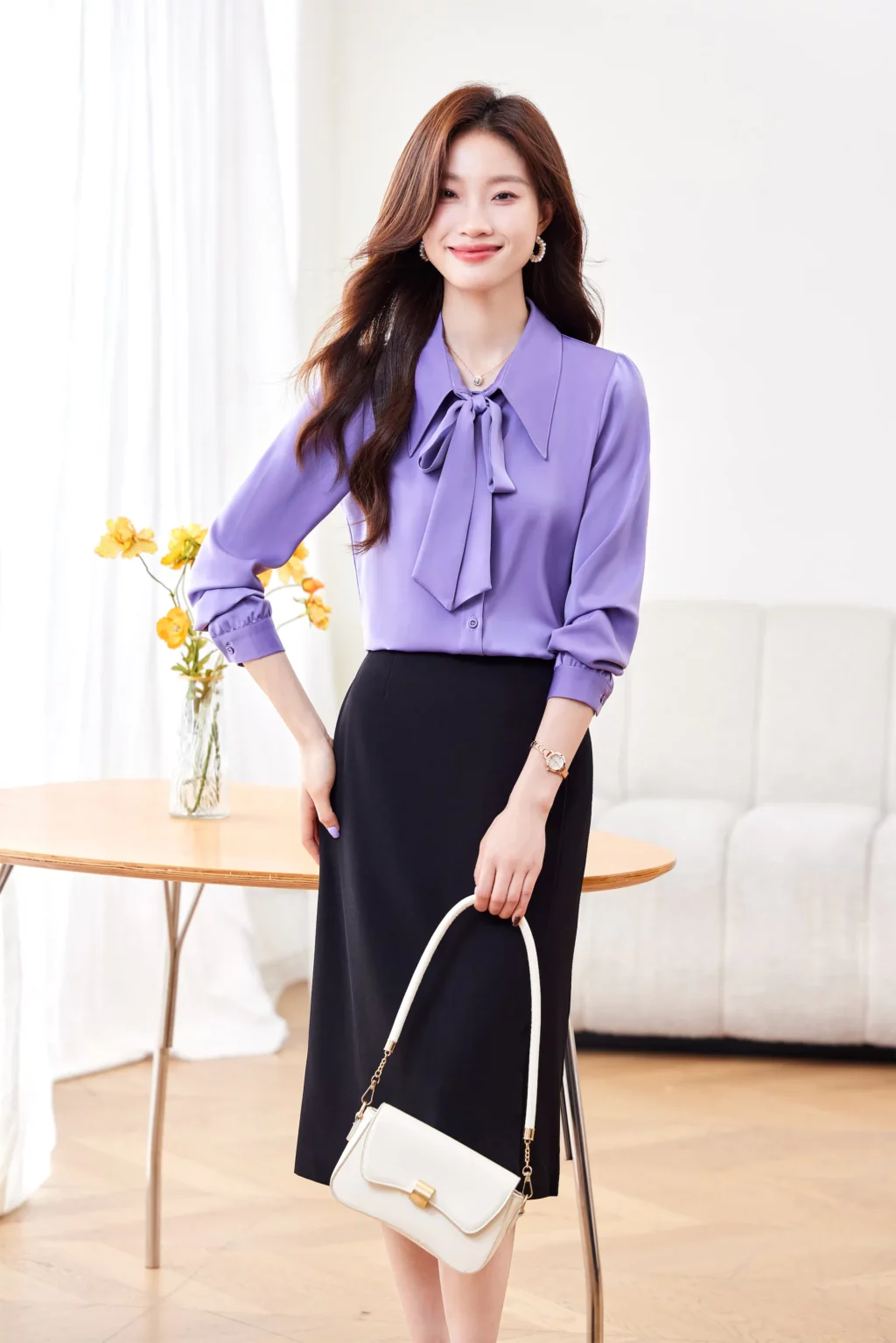 PN4019-5 เสื้อเชิ้ตทำงานผู้หญิงสีม่วงคอปกแต่งโบว์แขนยาว
