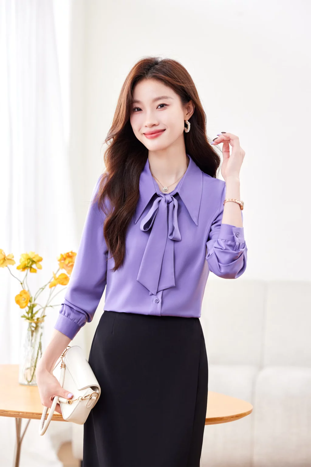 PN4019-6 เสื้อเชิ้ตทำงานผู้หญิงสีม่วงคอปกแต่งโบว์แขนยาว