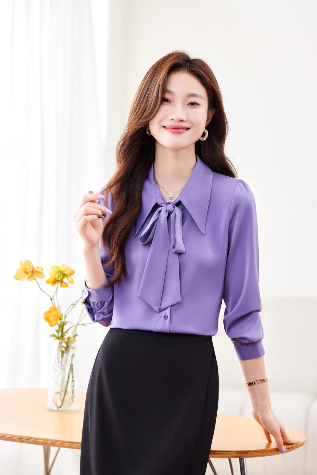 PN4019-7 เสื้อเชิ้ตทำงานผู้หญิงสีม่วงคอปกแต่งโบว์แขนยาว