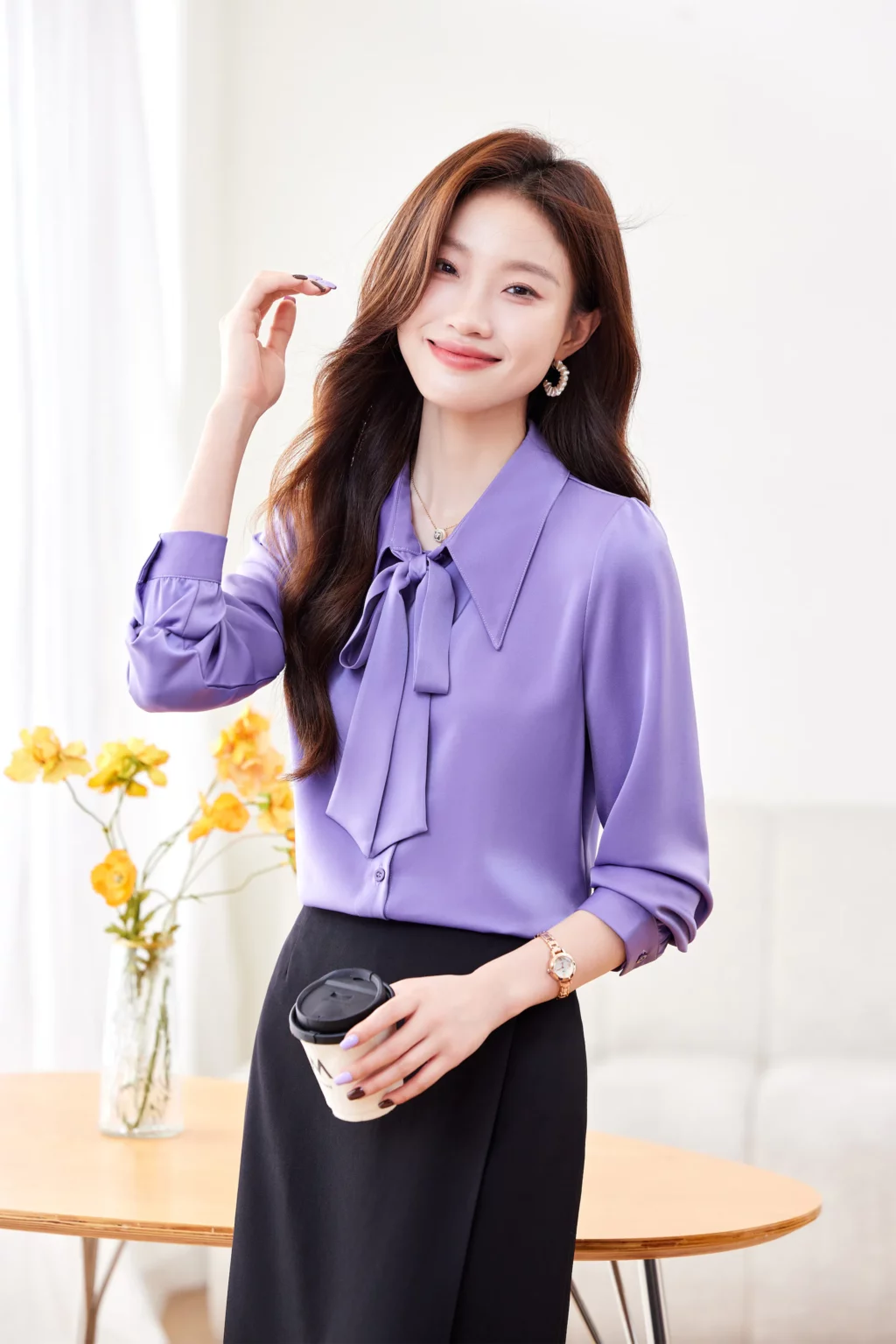 PN4019-8 เสื้อเชิ้ตทำงานผู้หญิงสีม่วงคอปกแต่งโบว์แขนยาว