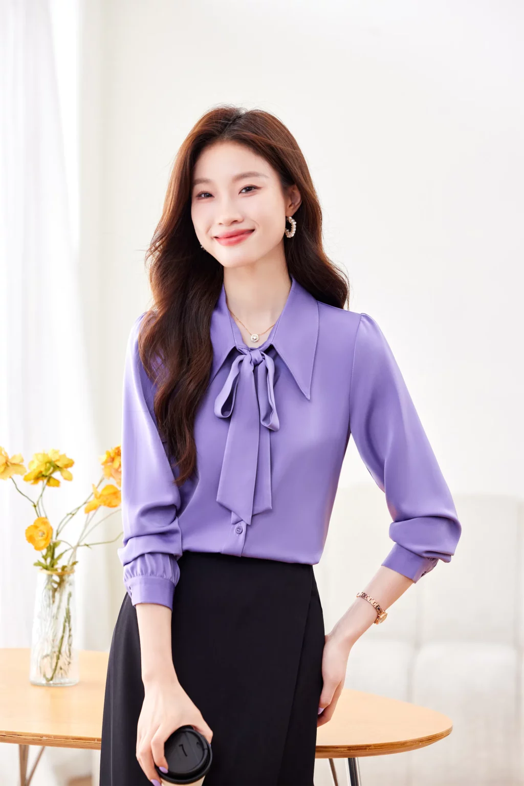 PN4019-9 เสื้อเชิ้ตทำงานผู้หญิงสีม่วงคอปกแต่งโบว์แขนยาว