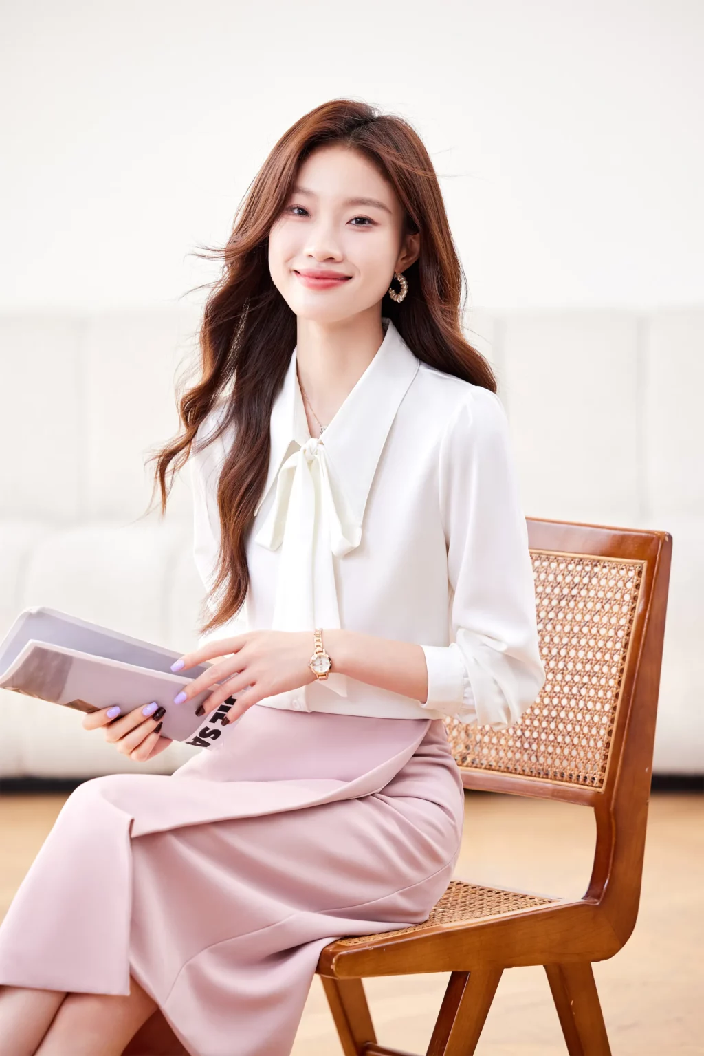 PN4020-10 เสื้อเชิ้ตทำงานผู้หญิงสีมขาวคอปกแต่งโบว์แขนยาว