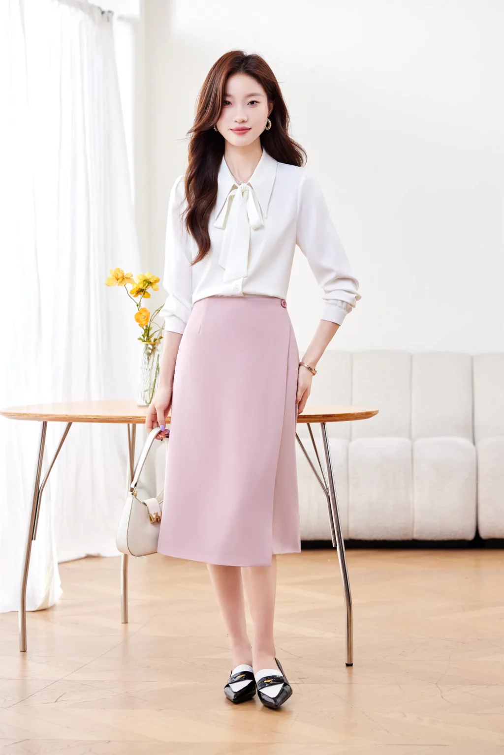 PN4020-3 เสื้อเชิ้ตทำงานผู้หญิงสีมขาวคอปกแต่งโบว์แขนยาว