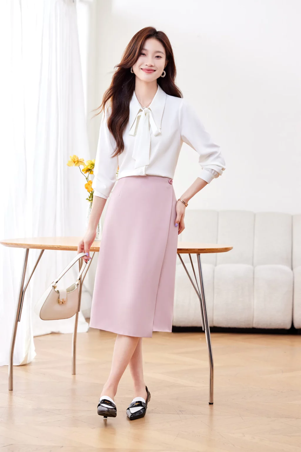 PN4020-4 เสื้อเชิ้ตทำงานผู้หญิงสีมขาวคอปกแต่งโบว์แขนยาว