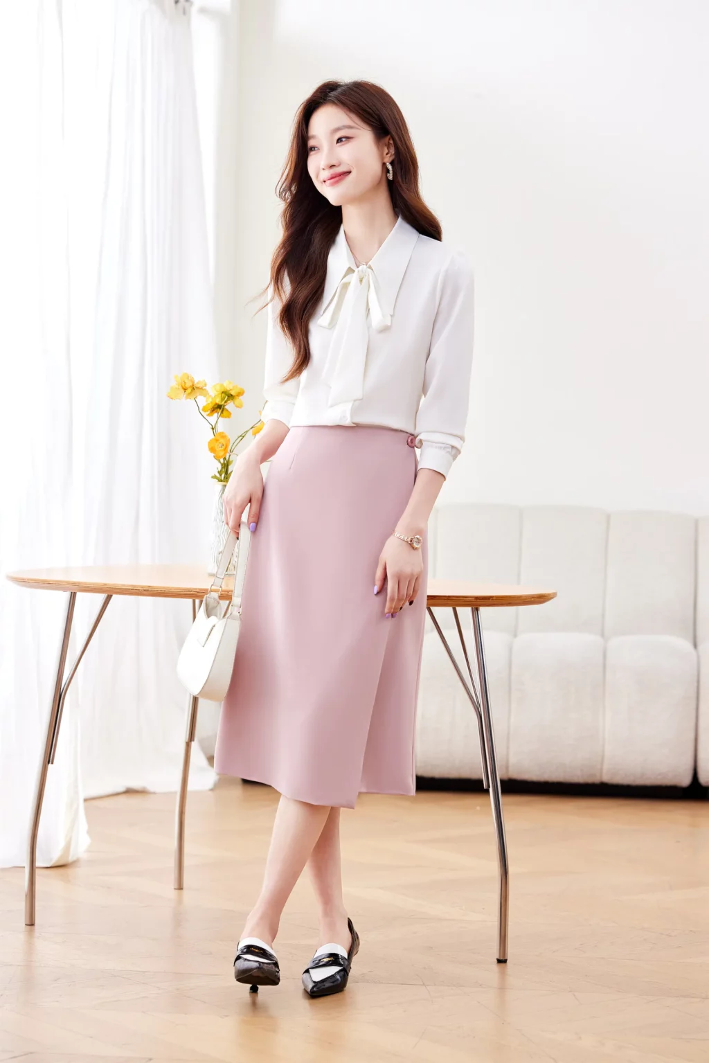 PN4020-5 เสื้อเชิ้ตทำงานผู้หญิงสีมขาวคอปกแต่งโบว์แขนยาว