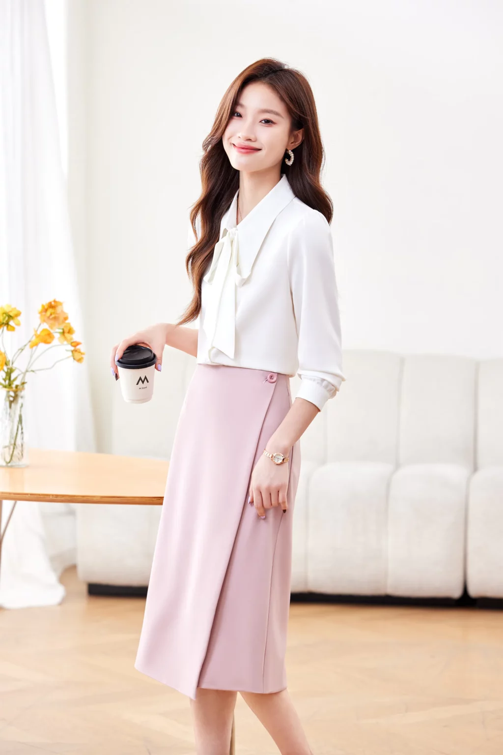 PN4020-7 เสื้อเชิ้ตทำงานผู้หญิงสีมขาวคอปกแต่งโบว์แขนยาว