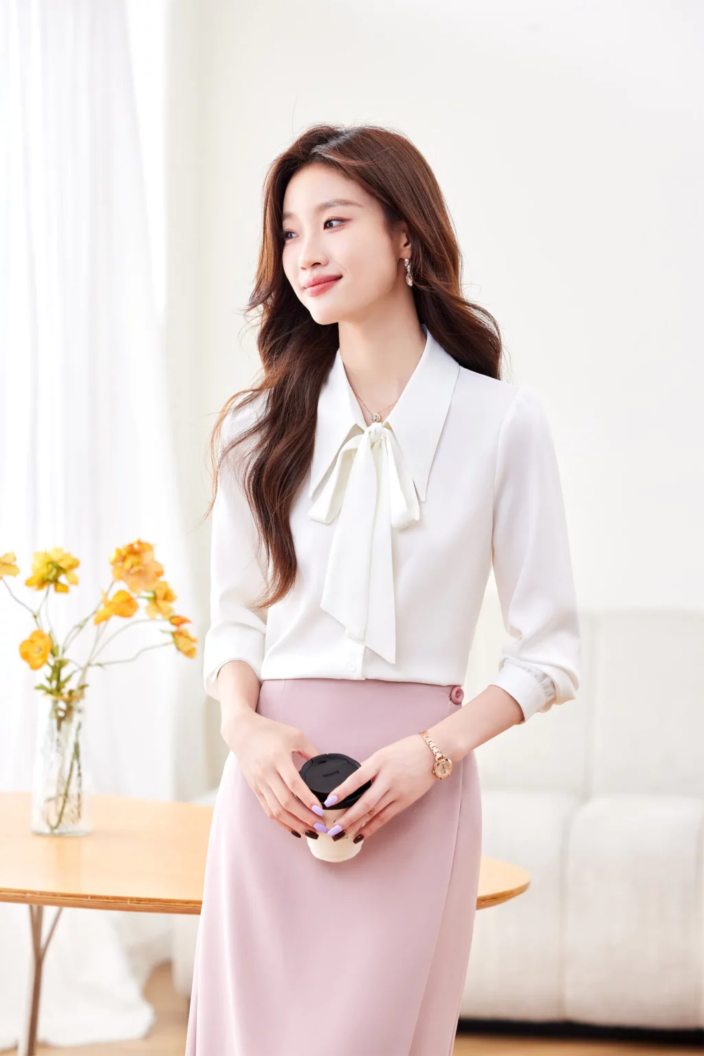 PN4020-8 เสื้อเชิ้ตทำงานผู้หญิงสีมขาวคอปกแต่งโบว์แขนยาว