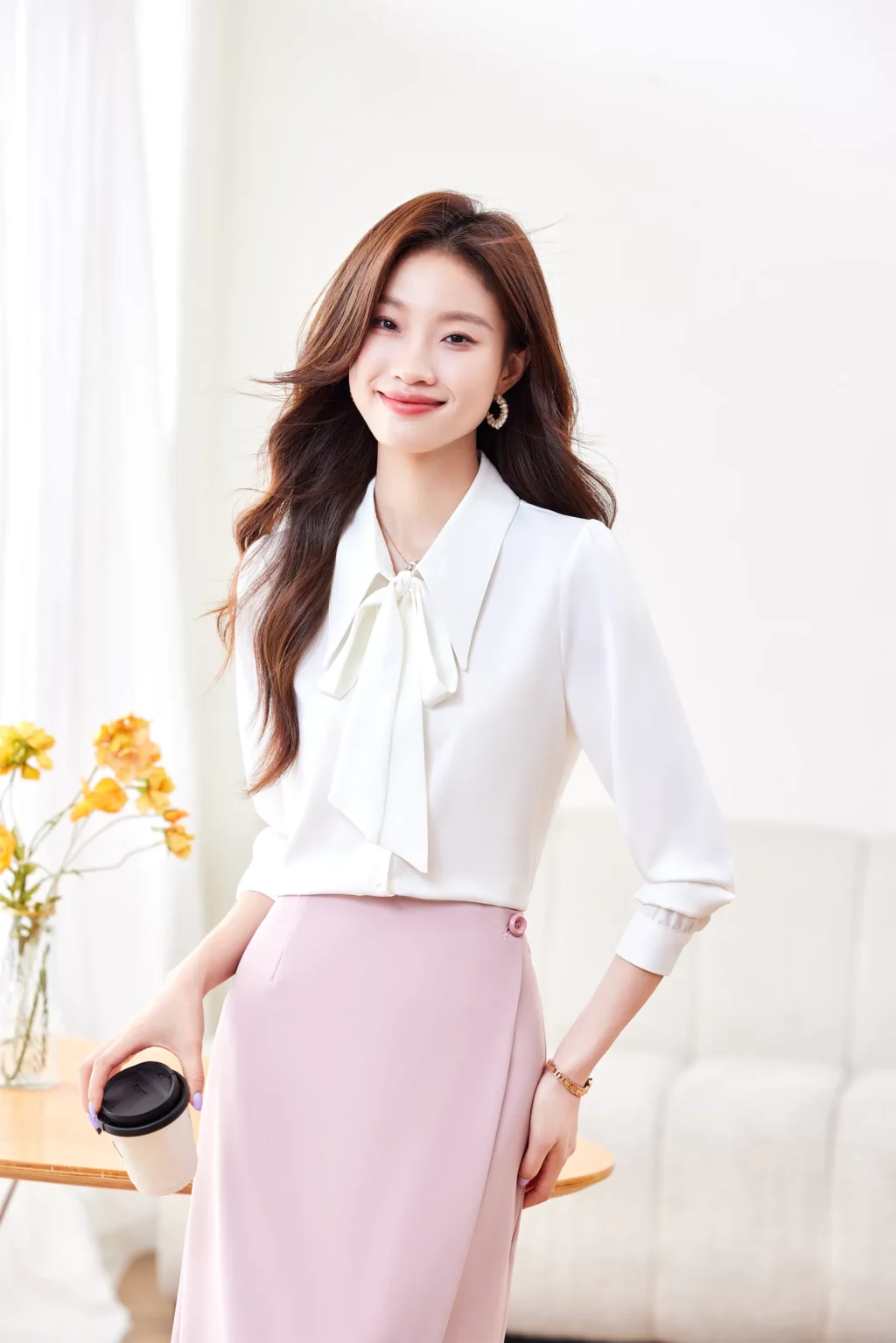 PN4020-9 เสื้อเชิ้ตทำงานผู้หญิงสีมขาวคอปกแต่งโบว์แขนยาว