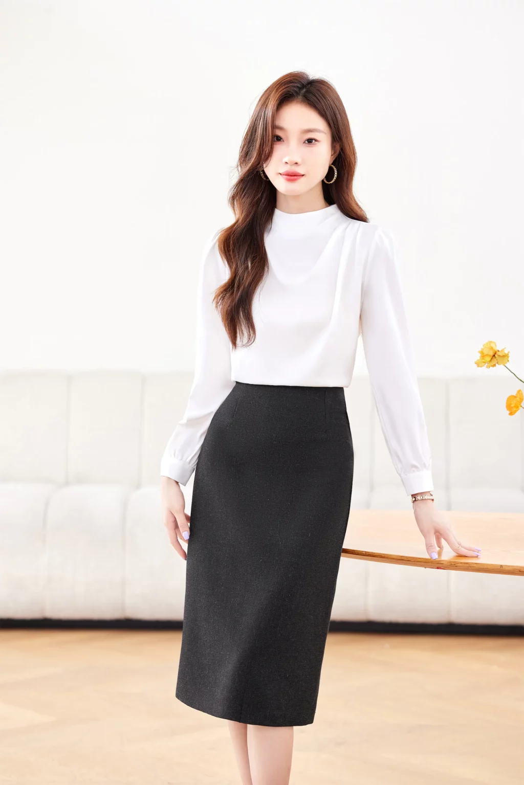 PN4034_1 เสื้อเชิ้ตทำงานผู้หญิงสีขาวคอกลมแขนยาว