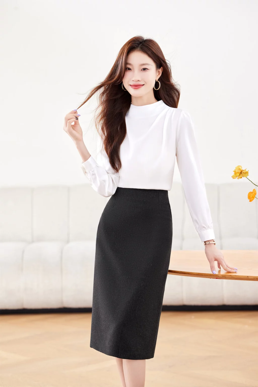 PN4034_2 เสื้อเชิ้ตทำงานผู้หญิงสีขาวคอกลมแขนยาว