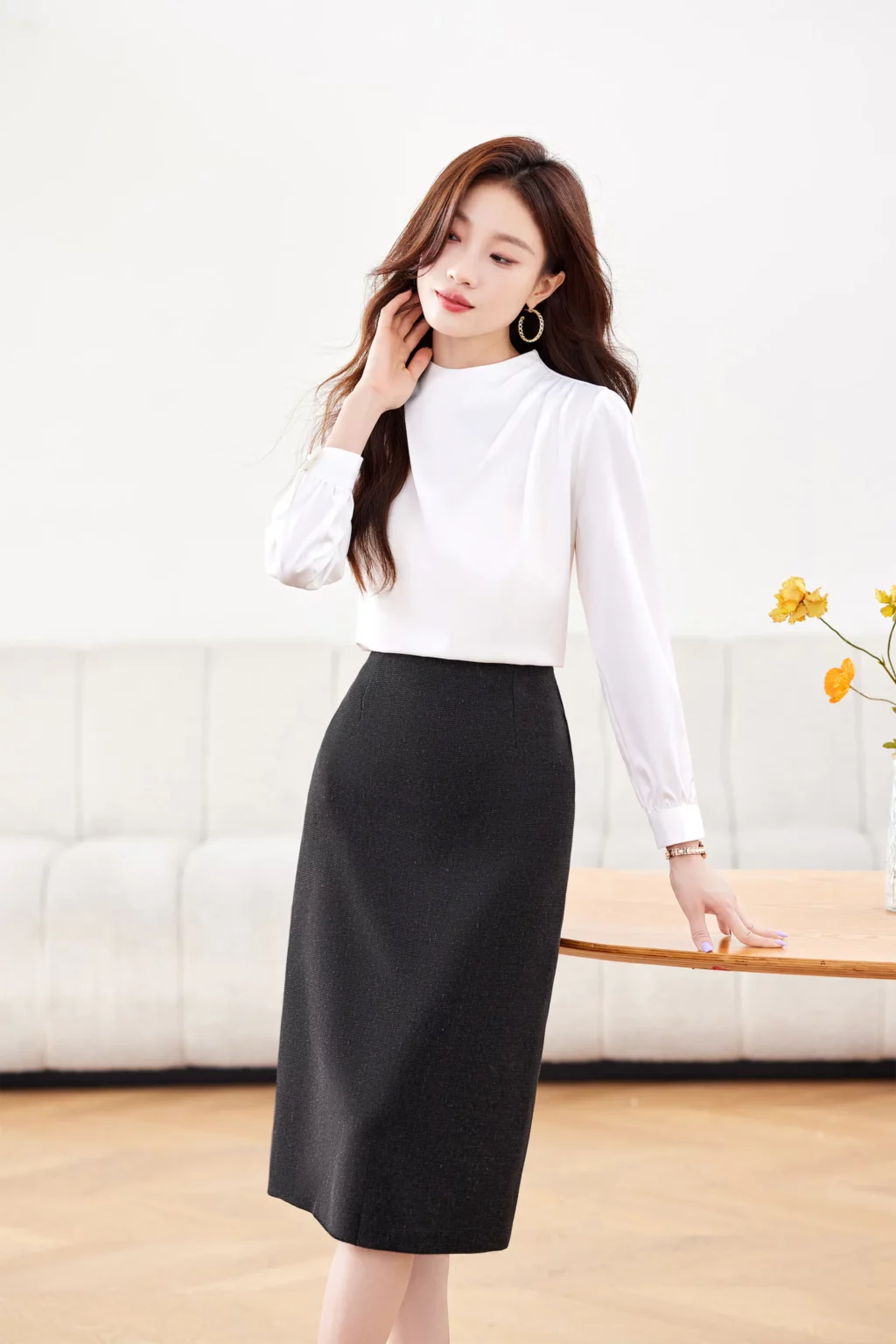 PN4034_3 เสื้อเชิ้ตทำงานผู้หญิงสีขาวคอกลมแขนยาว