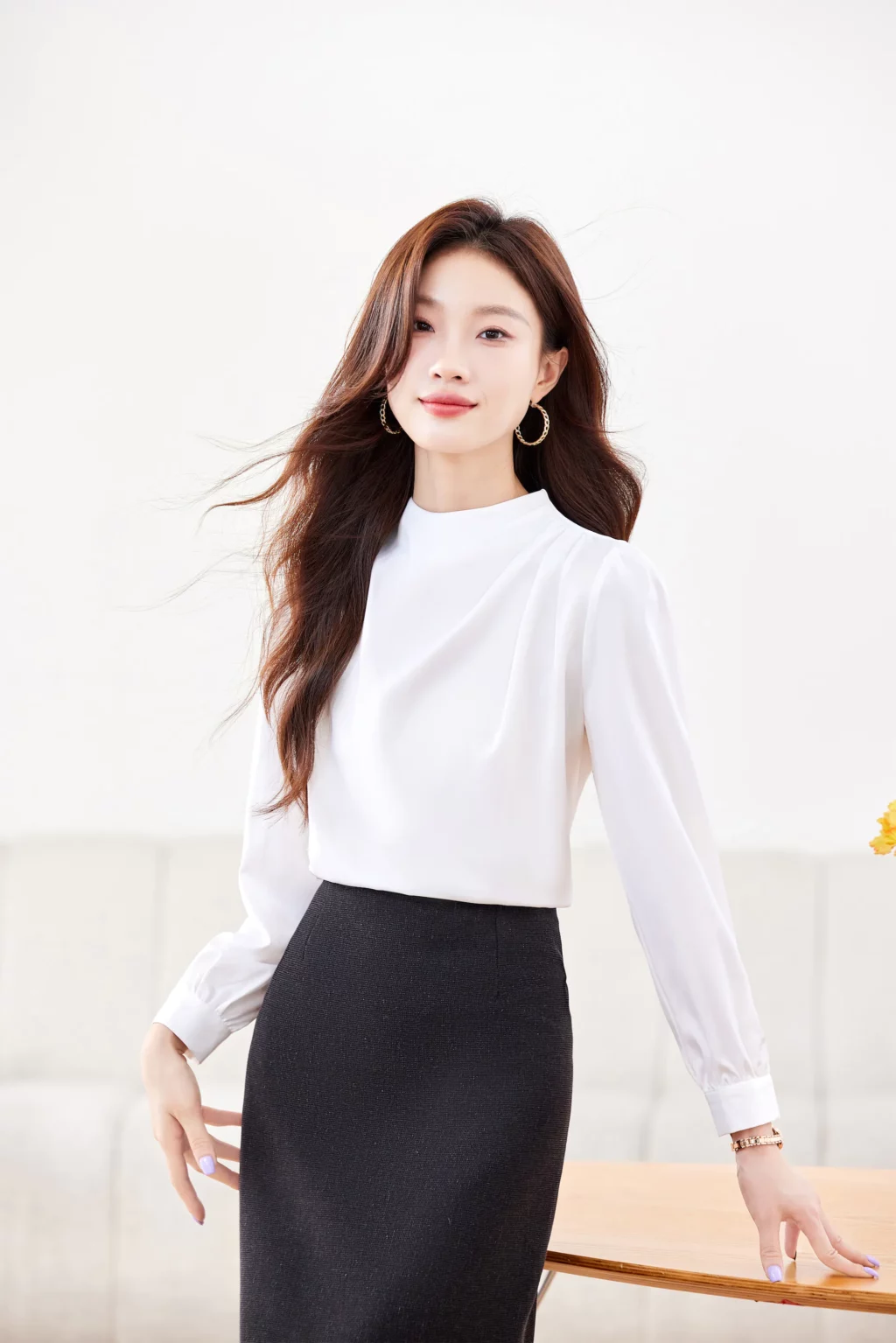 PN4034_4 เสื้อเชิ้ตทำงานผู้หญิงสีขาวคอกลมแขนยาว