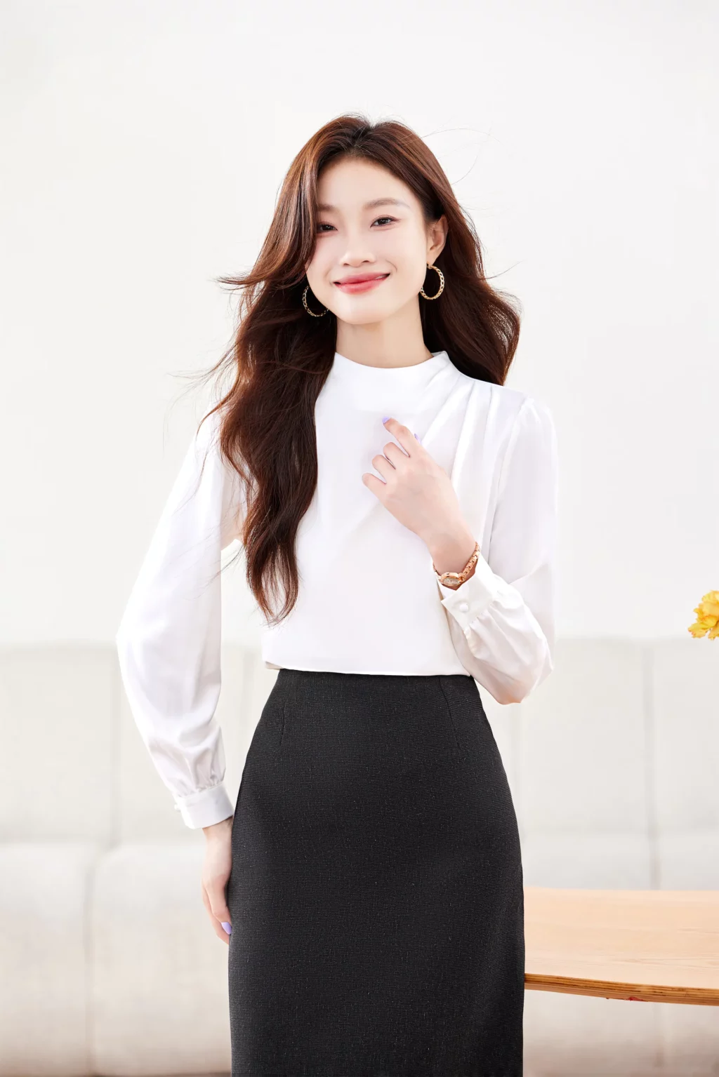 PN4034_5 เสื้อเชิ้ตทำงานผู้หญิงสีขาวคอกลมแขนยาว