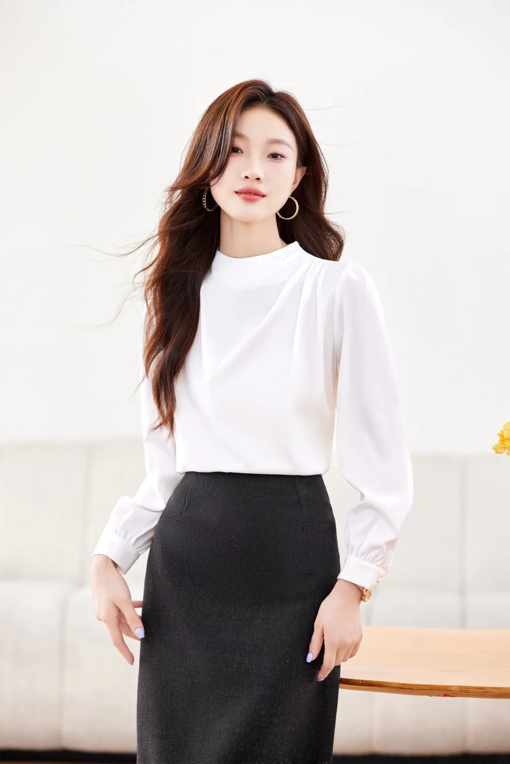 PN4034_6 เสื้อเชิ้ตทำงานผู้หญิงสีขาวคอกลมแขนยาว