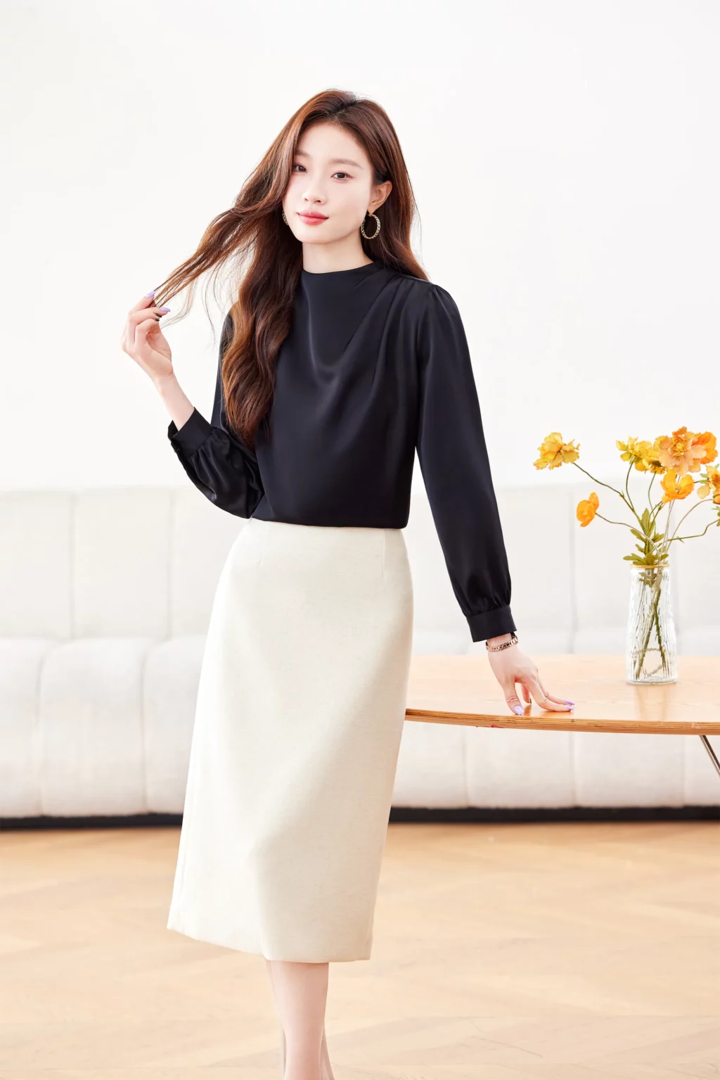 PN4035_1 เสื้อเชิ้ตทำงานผู้หญิงสีดำคอกลมแขนยาว
