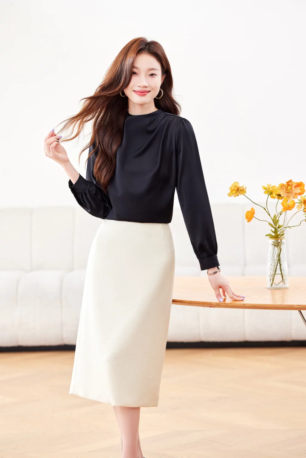 PN4035_2 เสื้อเชิ้ตทำงานผู้หญิงสีดำคอกลมแขนยาว