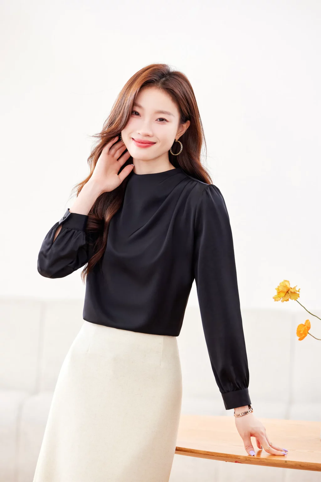 PN4035_3 เสื้อเชิ้ตทำงานผู้หญิงสีดำคอกลมแขนยาว