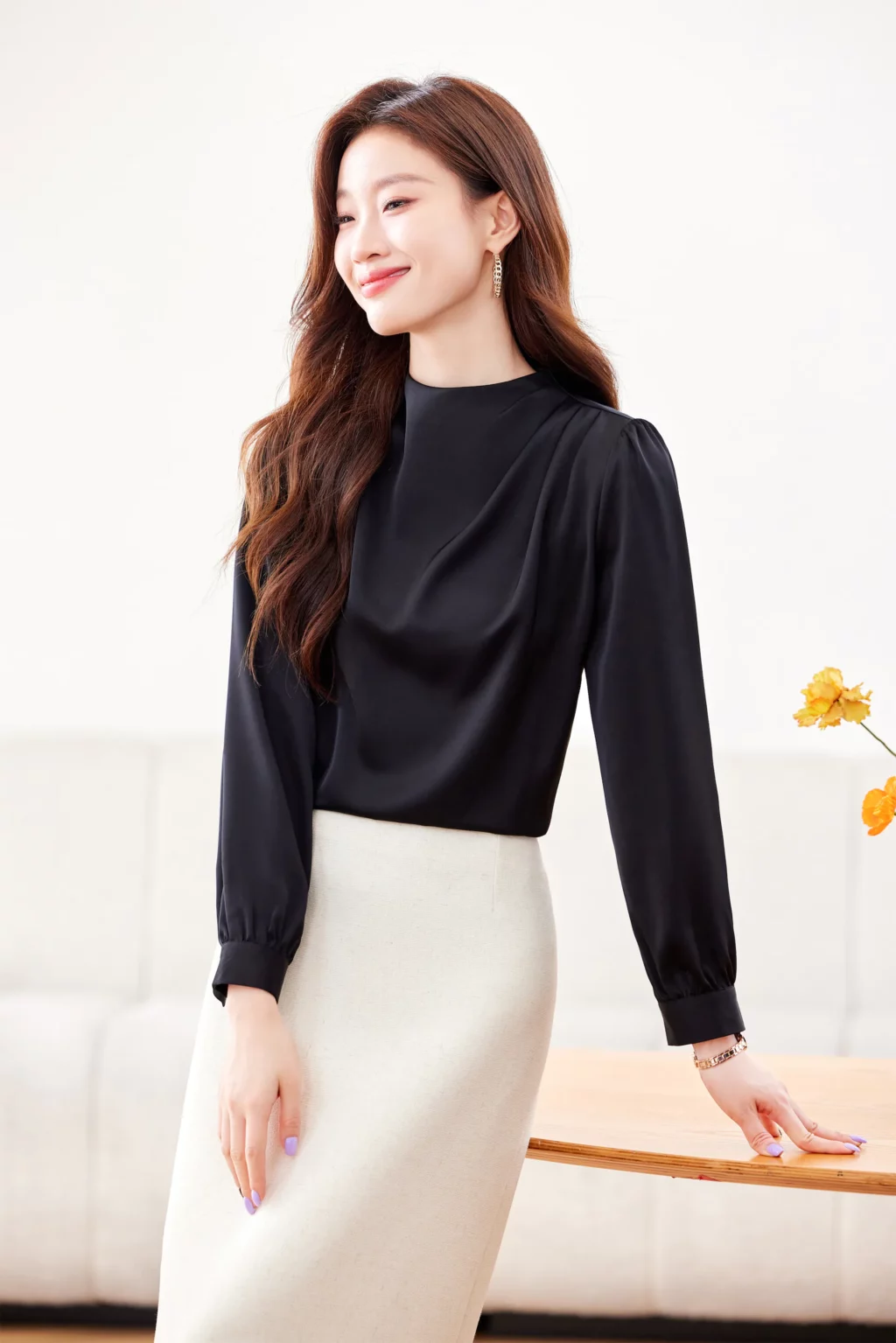 PN4035_4 เสื้อเชิ้ตทำงานผู้หญิงสีดำคอกลมแขนยาว