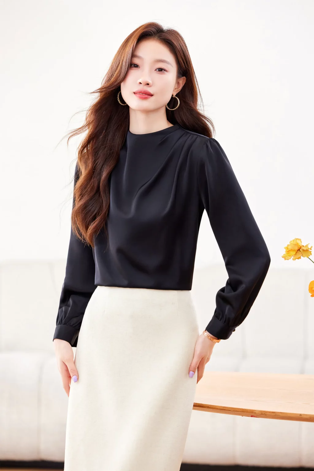PN4035_5 เสื้อเชิ้ตทำงานผู้หญิงสีดำคอกลมแขนยาว