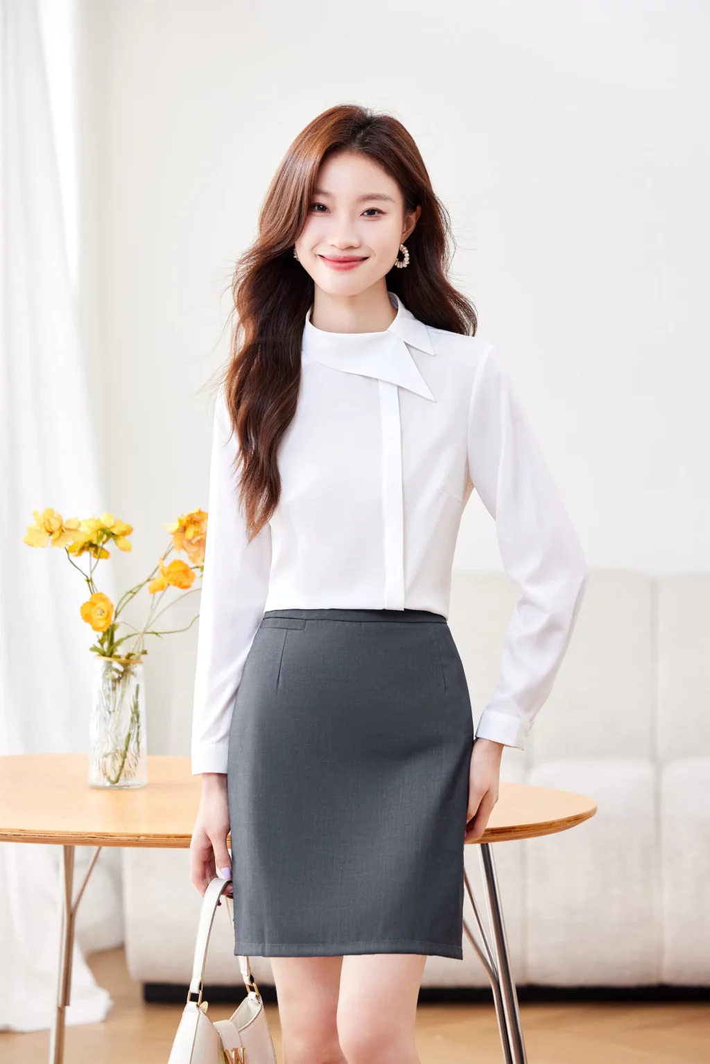 PN4037_2 เสื้อเชิ้ตทำงานผู้หญิงสีขาวแต่งคอปกแขนยาว