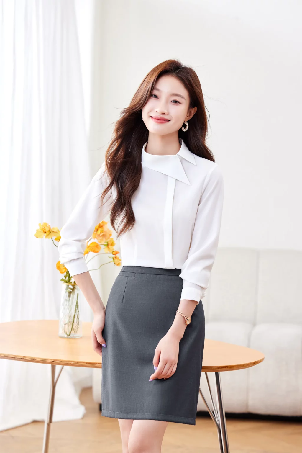 PN4037_5 เสื้อเชิ้ตทำงานผู้หญิงสีขาวแต่งคอปกแขนยาว