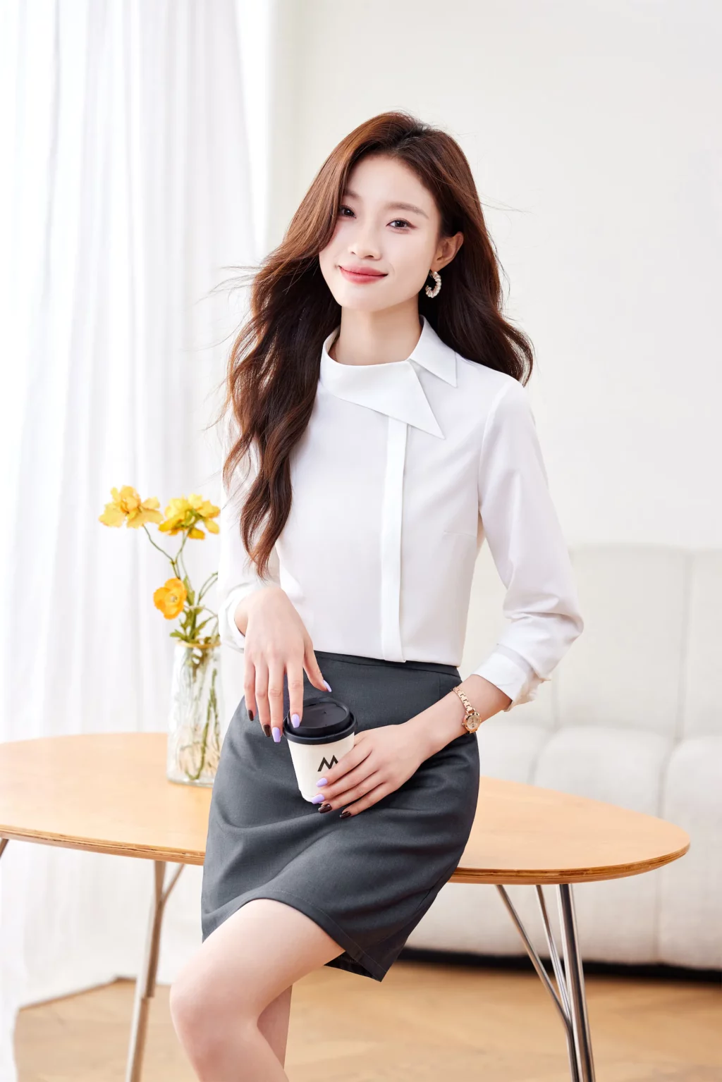 PN4037_9 เสื้อเชิ้ตทำงานผู้หญิงสีขาวแต่งคอปกแขนยาว