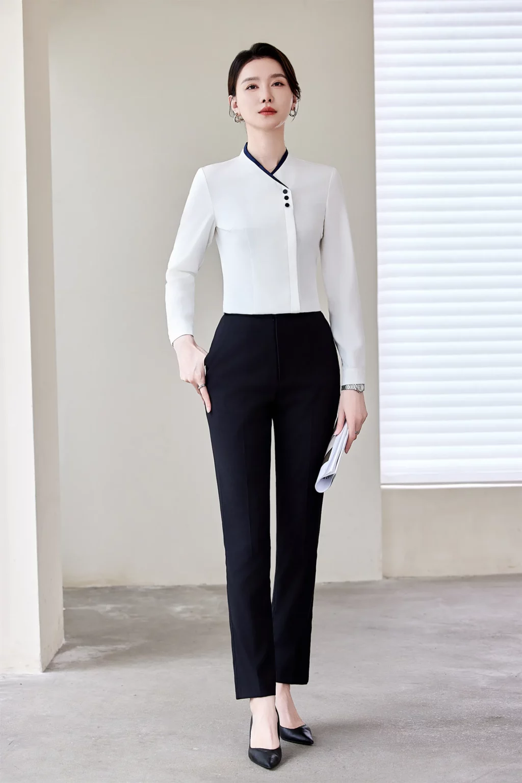PN4039_1 เสื้อเชิ้ตทำงานผู้หญิงสีขาวแต่งคอจีนแขนยาว