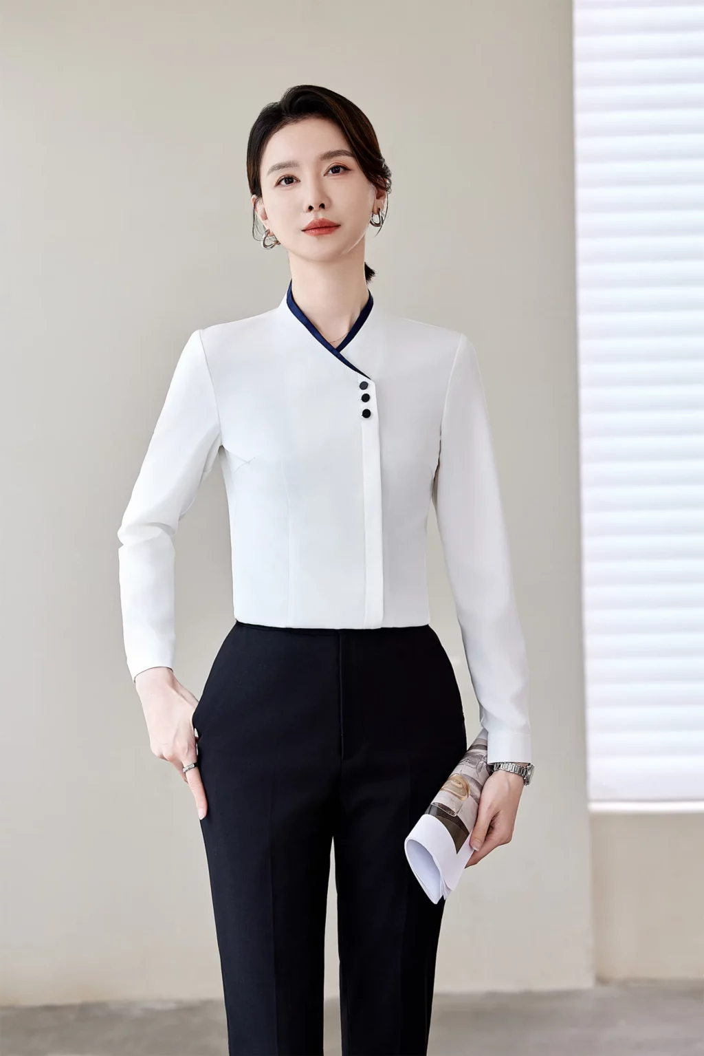 PN4039_2 เสื้อเชิ้ตทำงานผู้หญิงสีขาวแต่งคอจีนแขนยาว