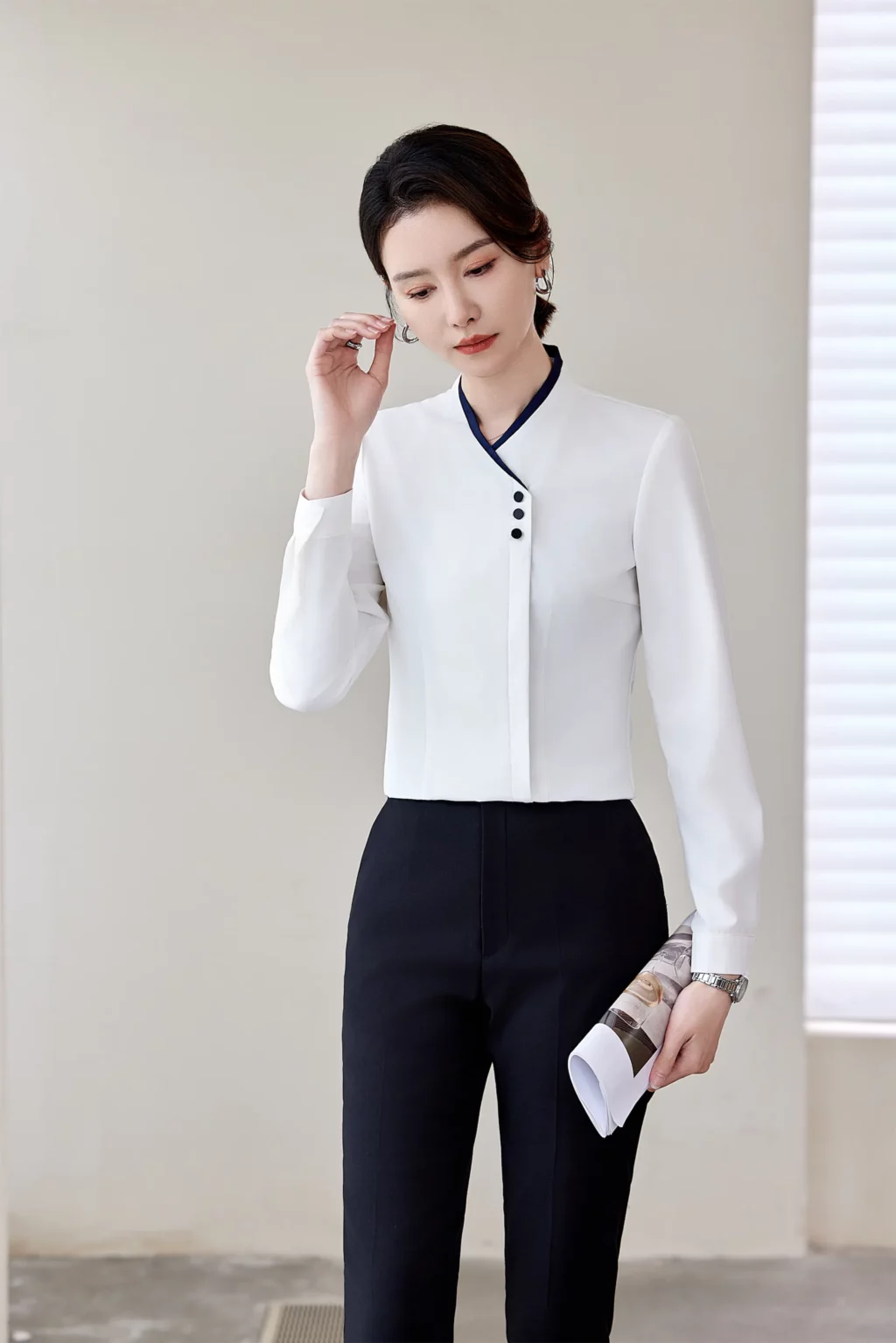 PN4039_3 เสื้อเชิ้ตทำงานผู้หญิงสีขาวแต่งคอจีนแขนยาว