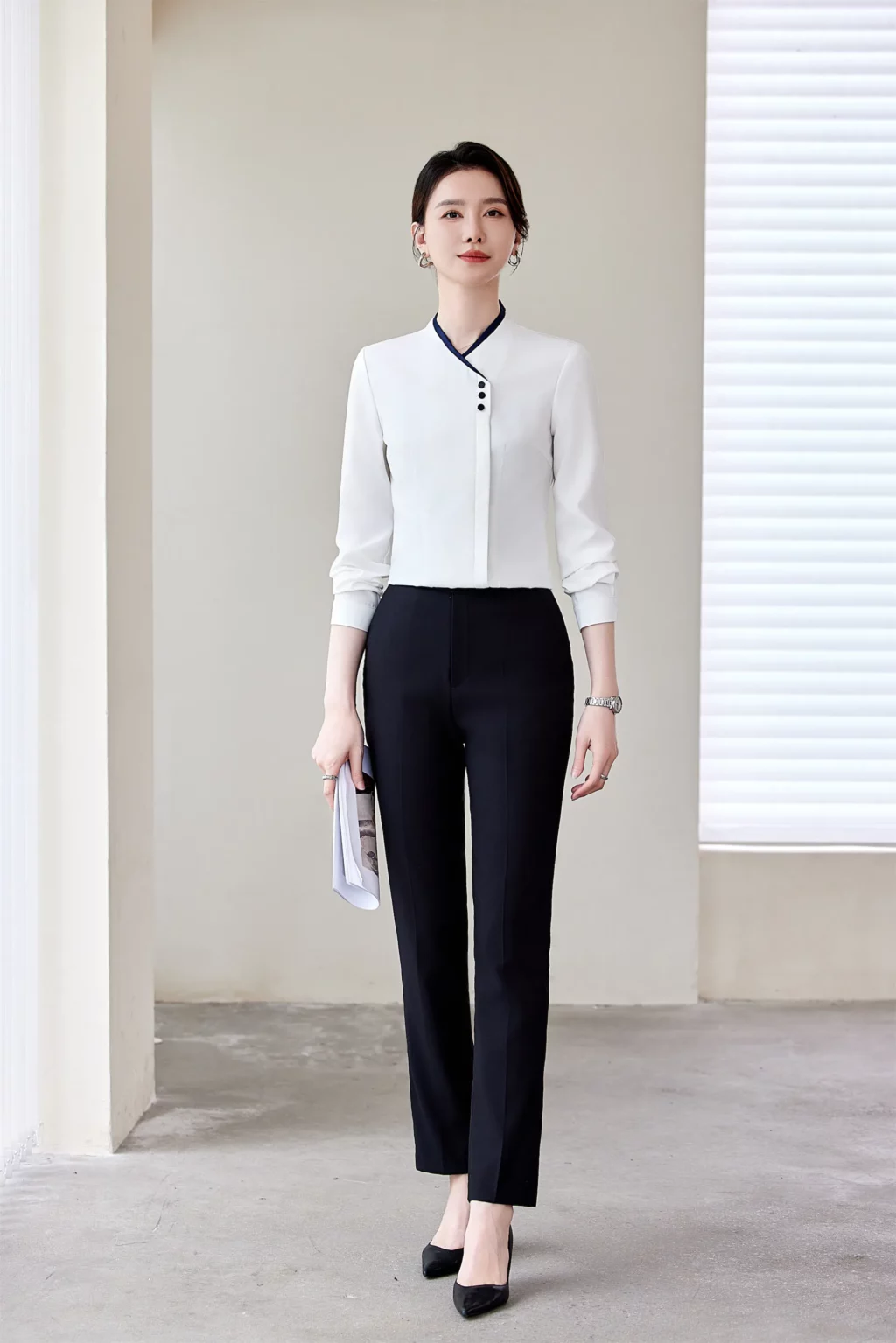 PN4039_4 เสื้อเชิ้ตทำงานผู้หญิงสีขาวแต่งคอจีนแขนยาว