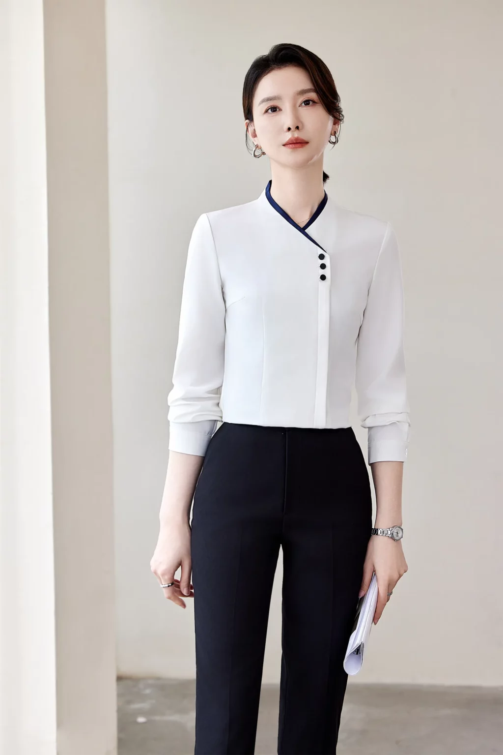PN4039_5 เสื้อเชิ้ตทำงานผู้หญิงสีขาวแต่งคอจีนแขนยาว