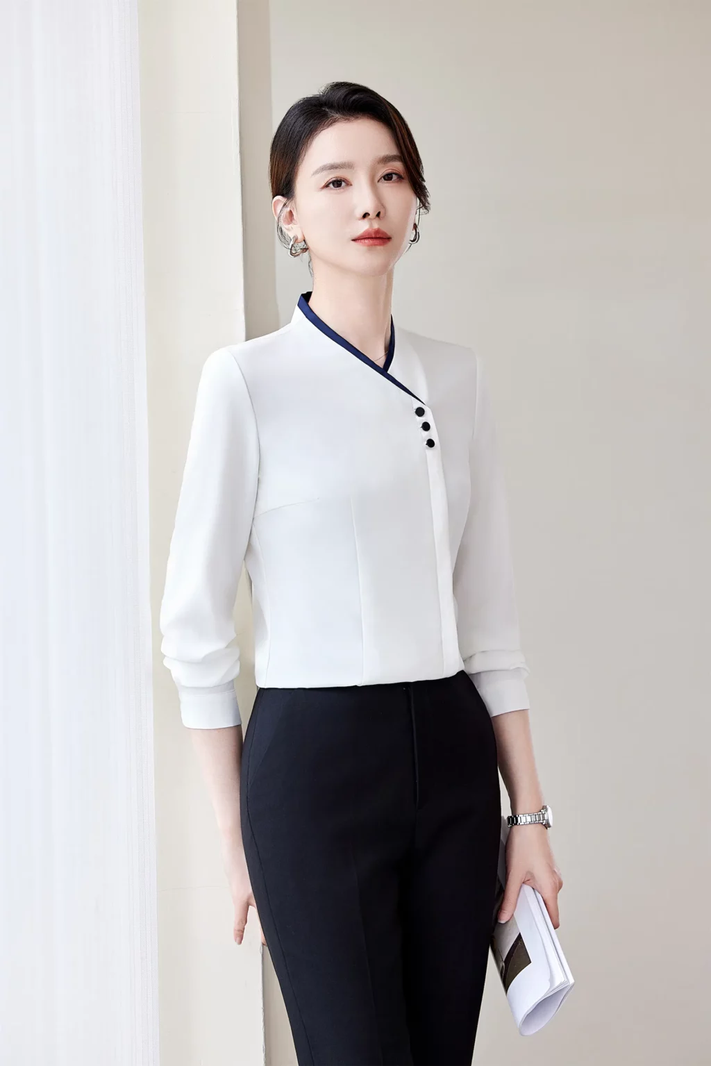 PN4039_6 เสื้อเชิ้ตทำงานผู้หญิงสีขาวแต่งคอจีนแขนยาว
