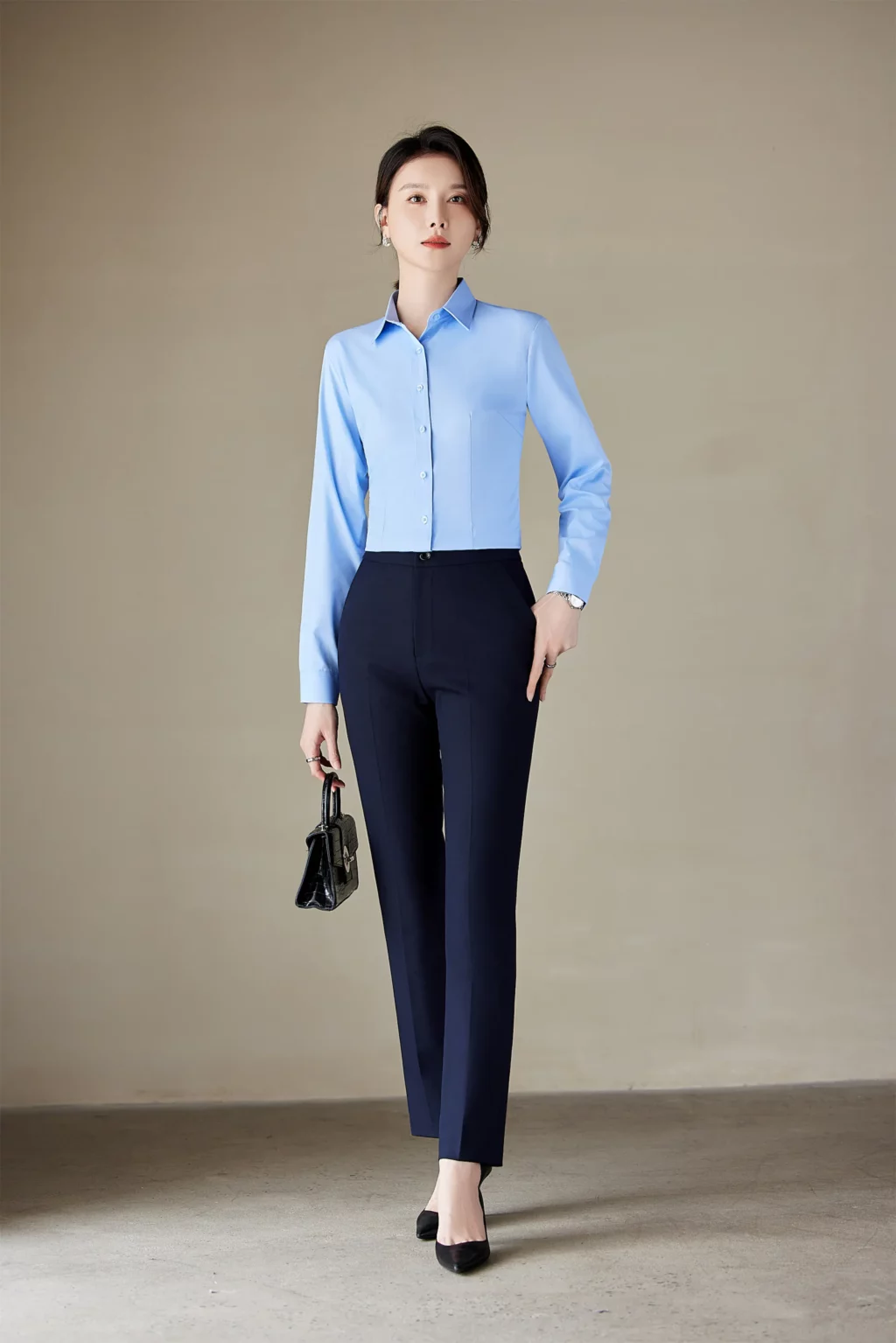 PN4040_1 เสื้อเชิ้ตทำงานผู้หญิงสีฟ้าคอปกแขนยาว