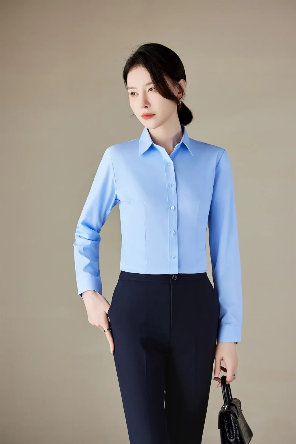 PN4040_2 เสื้อเชิ้ตทำงานผู้หญิงสีฟ้าคอปกแขนยาว