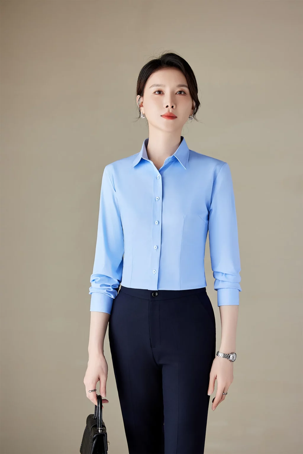 PN4040_4 เสื้อเชิ้ตทำงานผู้หญิงสีฟ้าคอปกแขนยาว