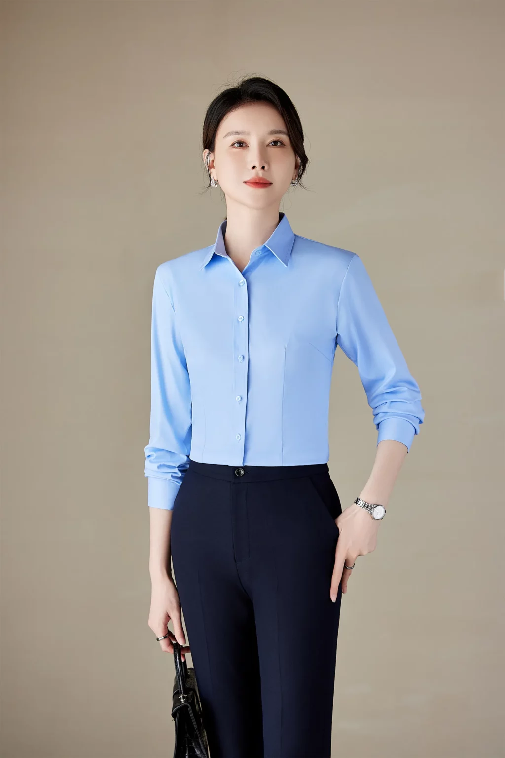 PN4040_5 เสื้อเชิ้ตทำงานผู้หญิงสีฟ้าคอปกแขนยาว