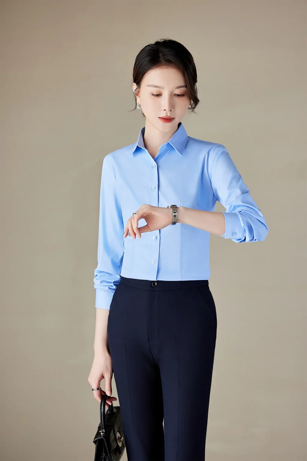 PN4040_7 เสื้อเชิ้ตทำงานผู้หญิงสีฟ้าคอปกแขนยาว
