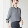 เสื้อเชิ้ตทำงานผู้หญิงสีเทาคอกลมแขนยาว