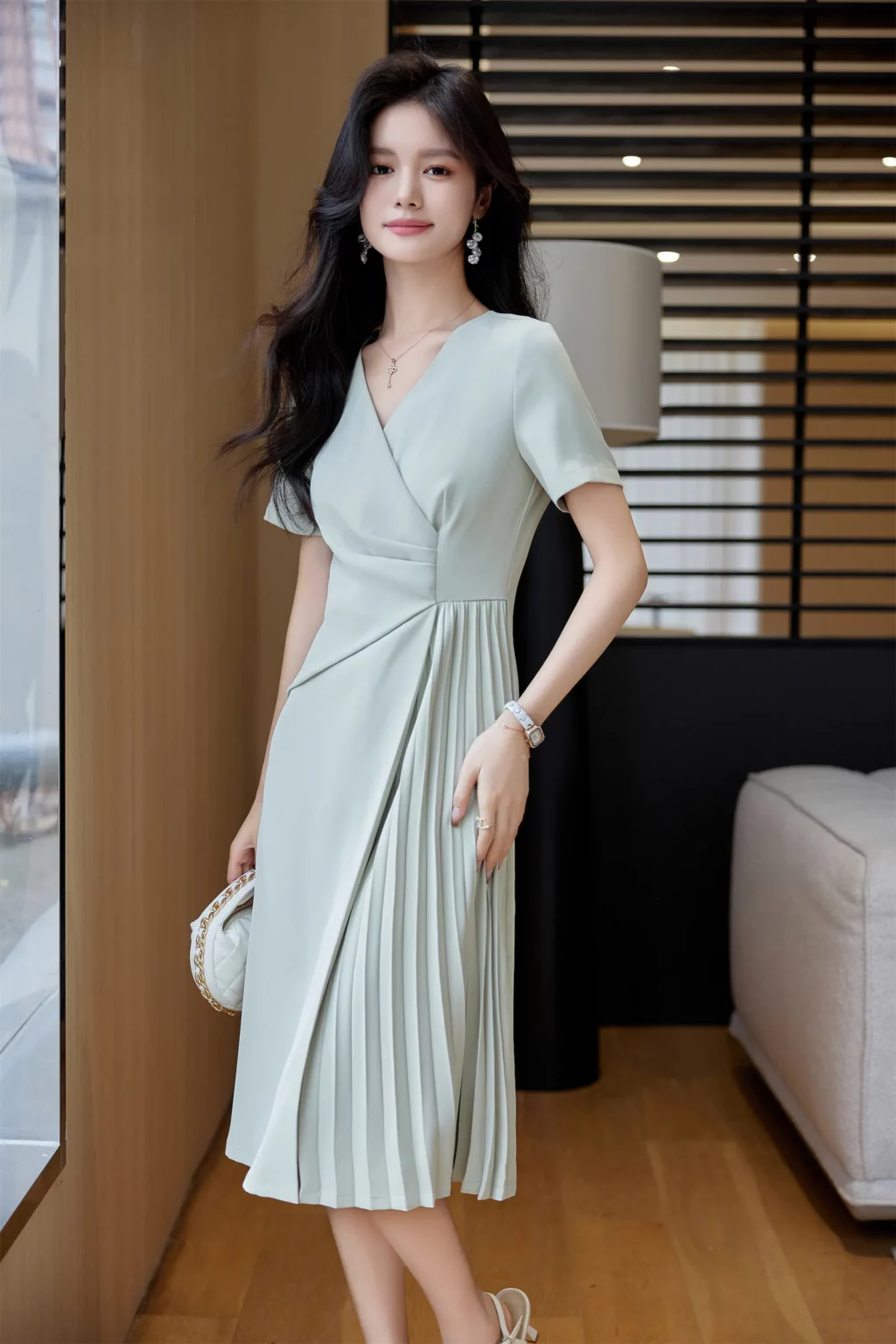 PN4057_2 เดรสทำงานผู้หญิงสีเขียวอ่อคอวีแขนสั้นกระโปรงอัดพลีท