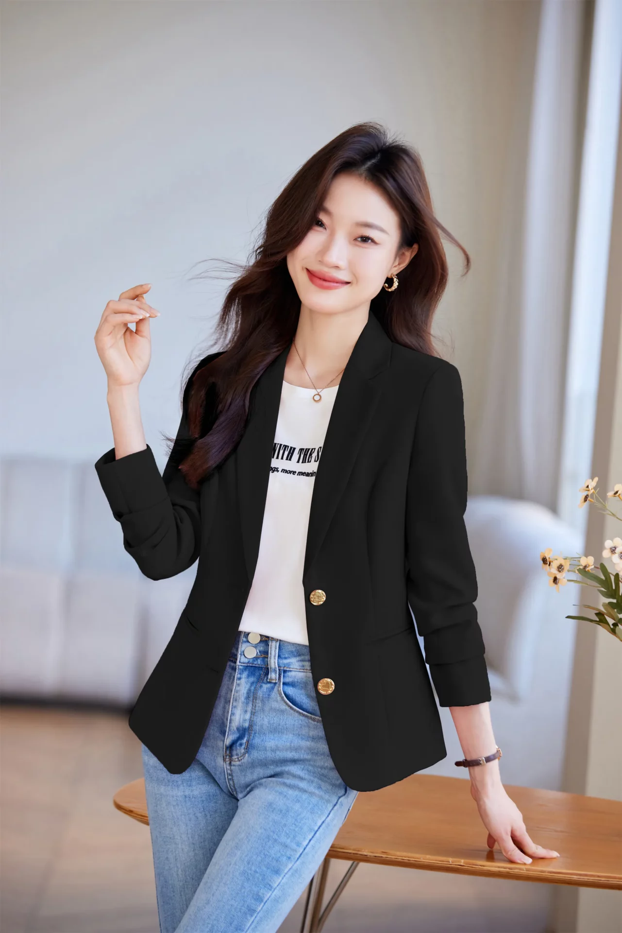 PN4062-3 เสื้อเบลเซอร์ผู้หญิงสีดำปกป้านแต่งกระดุมทองแขนยาว