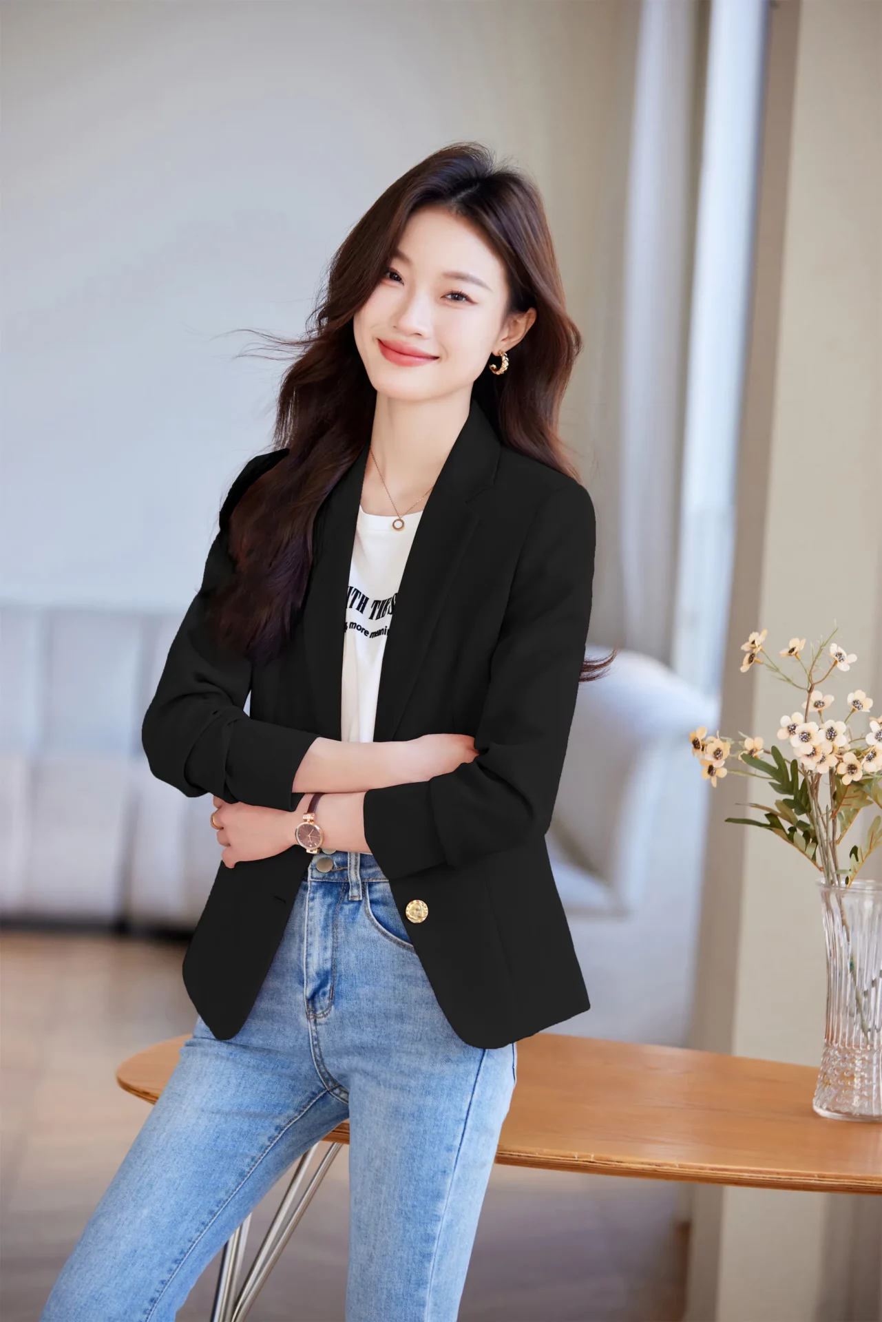PN4062-5 เสื้อเบลเซอร์ผู้หญิงสีดำปกป้านแต่งกระดุมทองแขนยาว