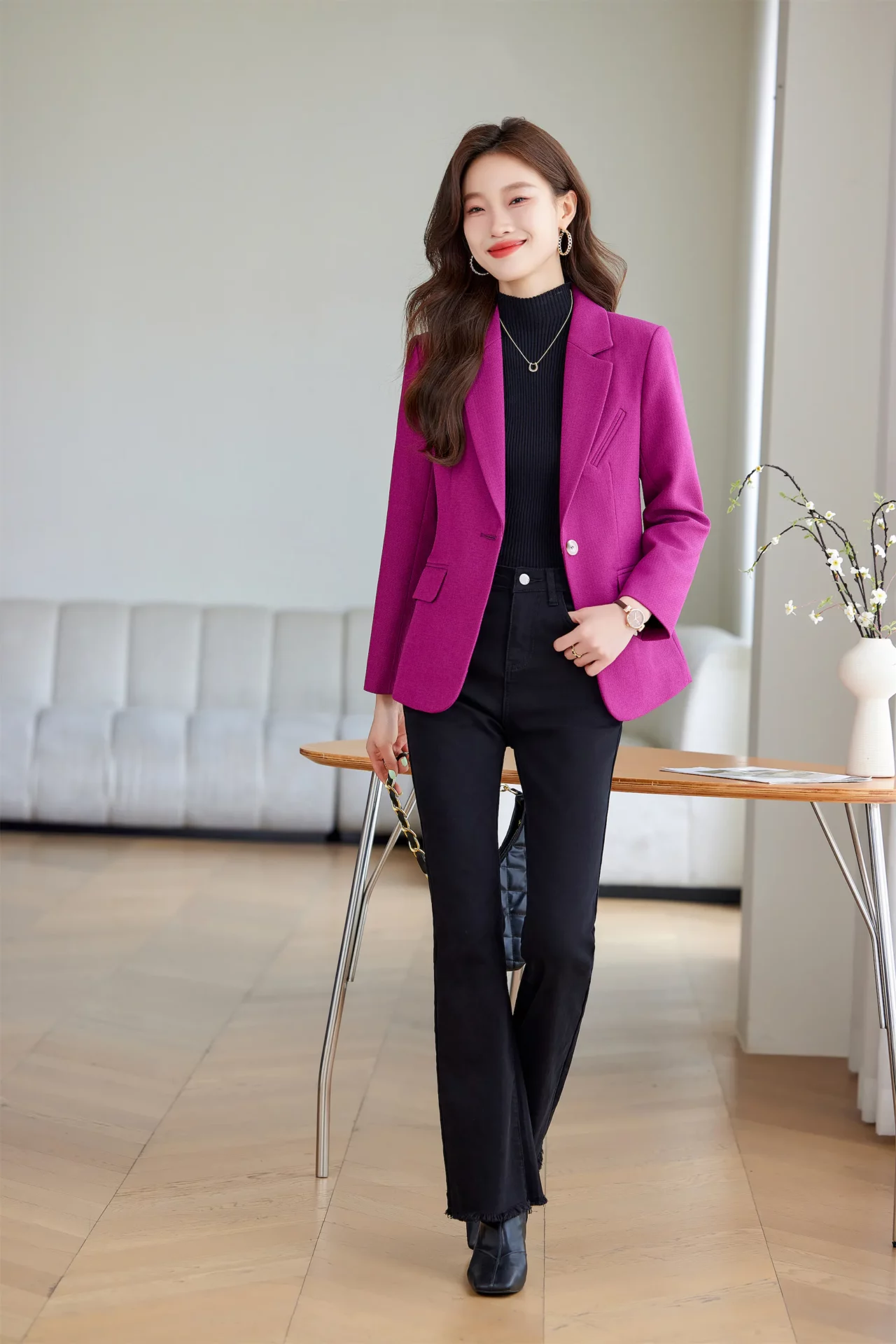 PN4064-1 เสื้อเบลเซอร์ผู้หญิงสีชมพูปกป้านแต่งกระเป๋าแขนยาว