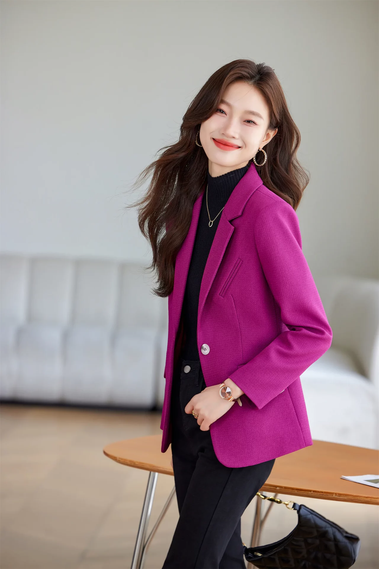 PN4064-2 เสื้อเบลเซอร์ผู้หญิงสีชมพูปกป้านแต่งกระเป๋าแขนยาว
