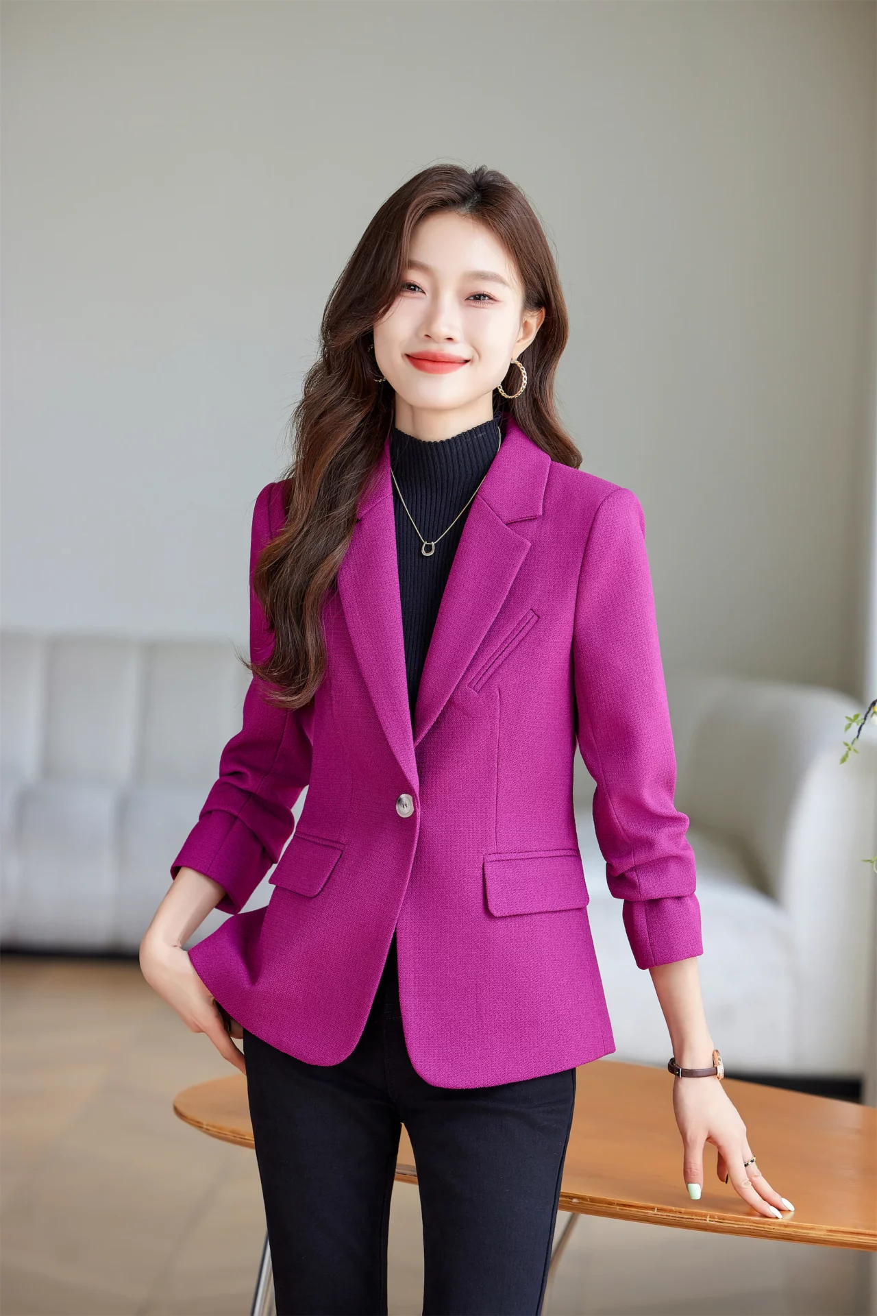PN4064-6 เสื้อเบลเซอร์ผู้หญิงสีชมพูปกป้านแต่งกระเป๋าแขนยาว