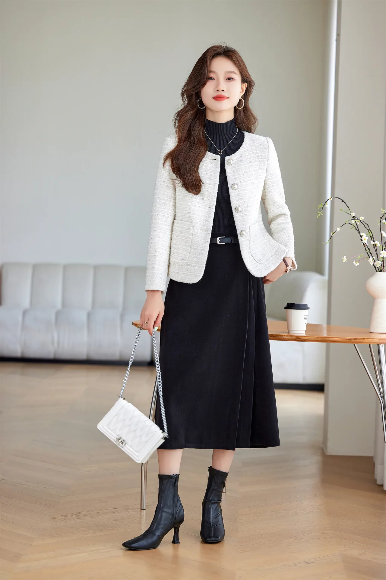 PN4067-3 เสื้อสูทเบลเซอร์ทำงานผู้หญิงสีขาวผ้าทวีตไม่แต่งปกแขนยาว