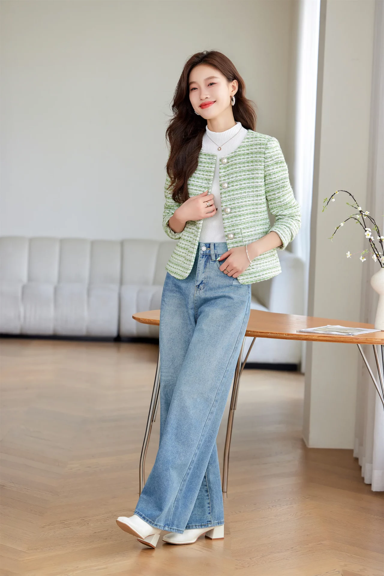 PN4068-2 เสื้อสูทเบลเซอร์ทำงานผู้หญิงสีเขียวผ้าทวีตไม่แต่งปกแขนยาว